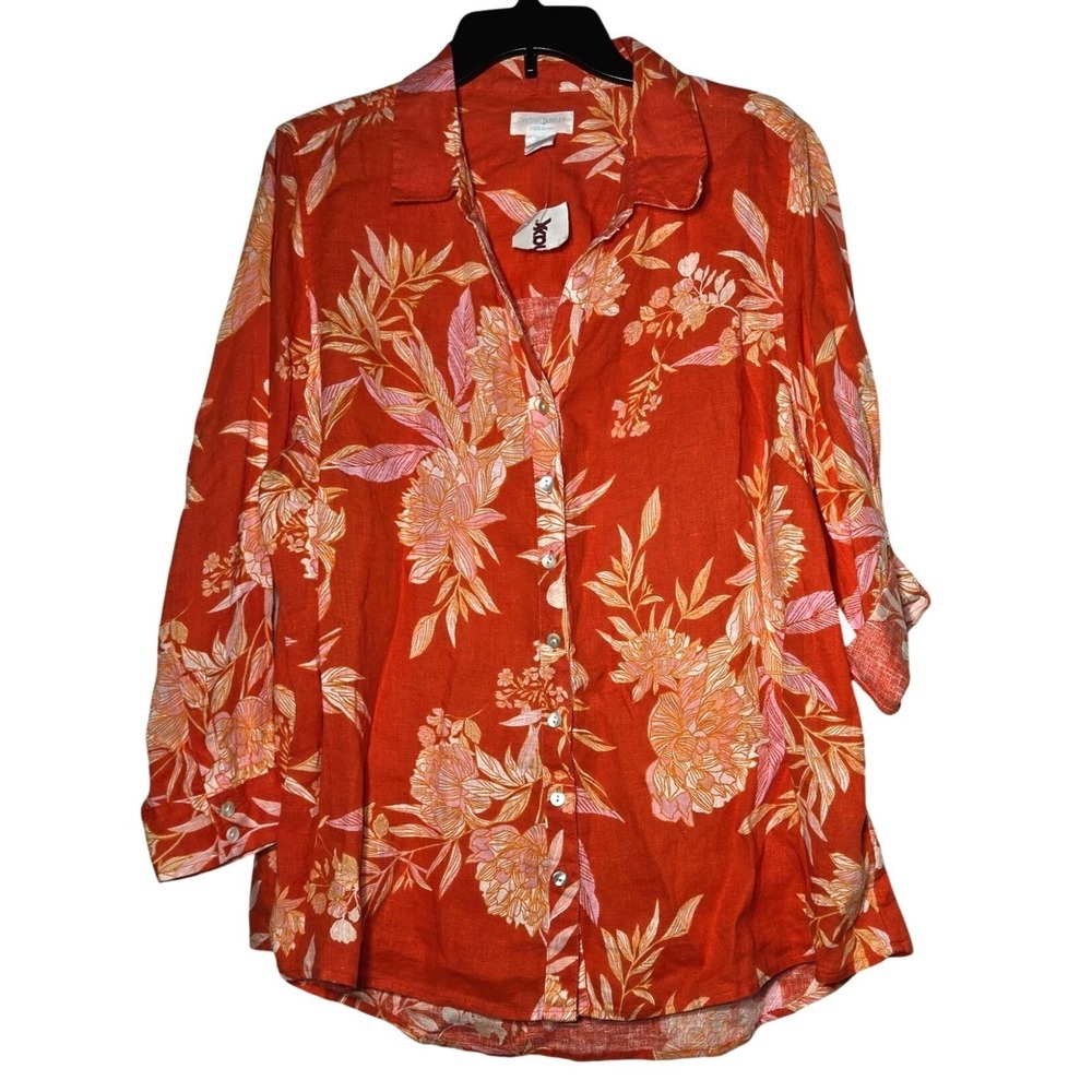 Cynthia Rowley 100% Linen Floral Long Sleeve Button Top Plus Size 1X Coastal NWT